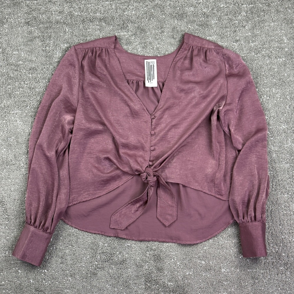 Free People Blouse Womens Small Purple Satin Tie Front V-Neck Long Sleeve Top